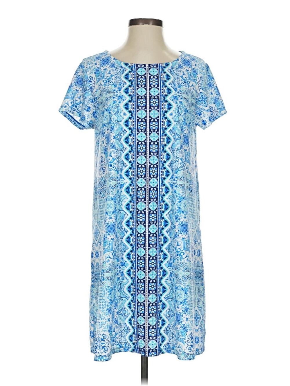 Aqua et Sol Dress Short Sleeve Pattern Print Resort Beach Blue & White Small